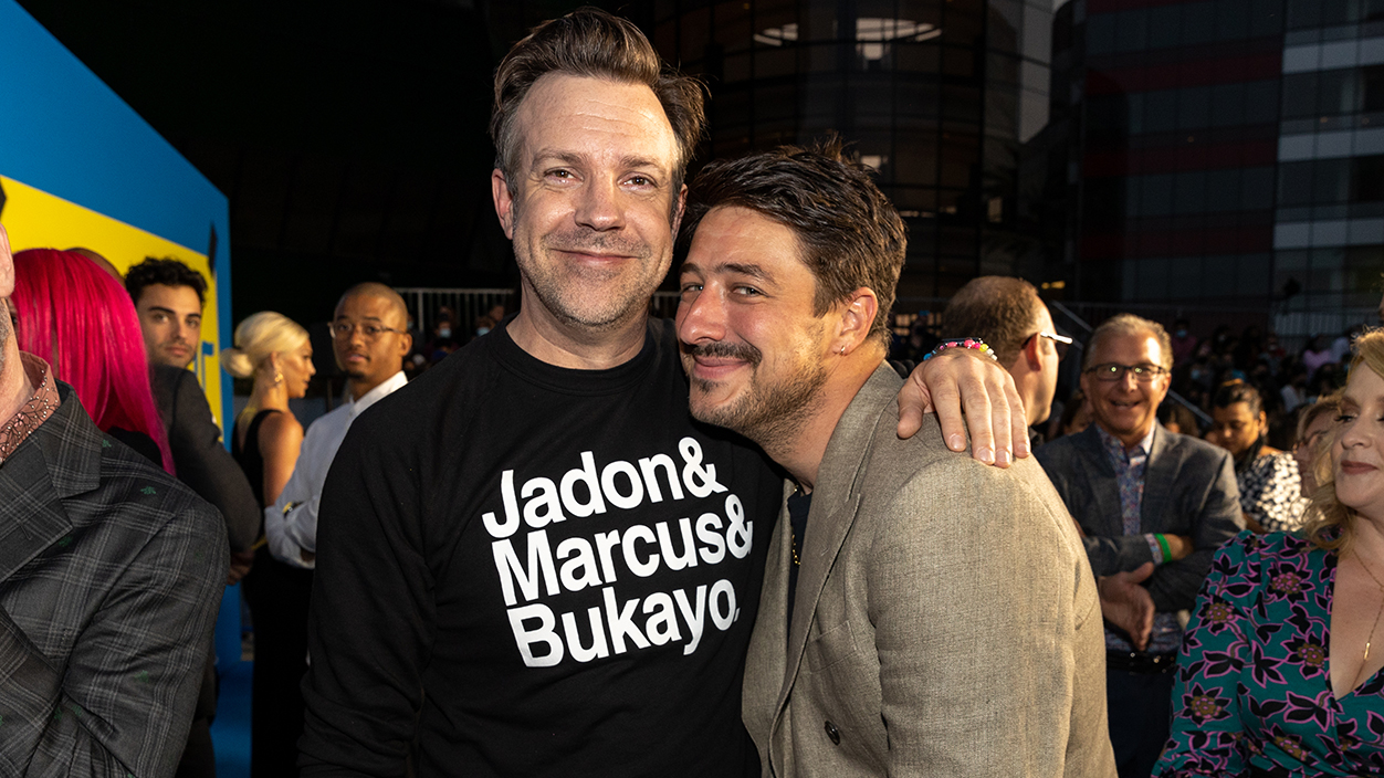 Jason Sudeikis and Marcus Mumford at the "Ted Lasso" season two premiere held at The Rooftop at The Pacific Design Center on July 15, 2021 in West Hollywood, California. (Photo by Chris Polk/Variety/Penske Media via Getty Images)