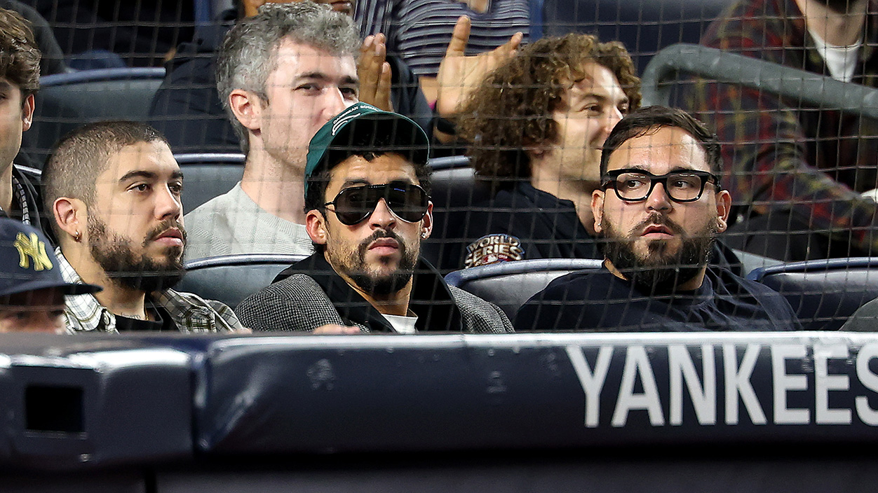 NEW YORK, NEW YORK - OCTOBER 07: Bad Bunny attends the game between the New York Yankees and the Toronto Blue Jays in game three of the American League Division Series at Yankee Stadium on October 07, 2025 in the Bronx borough of New York City. (Photo by Al Bello/Getty Images)
